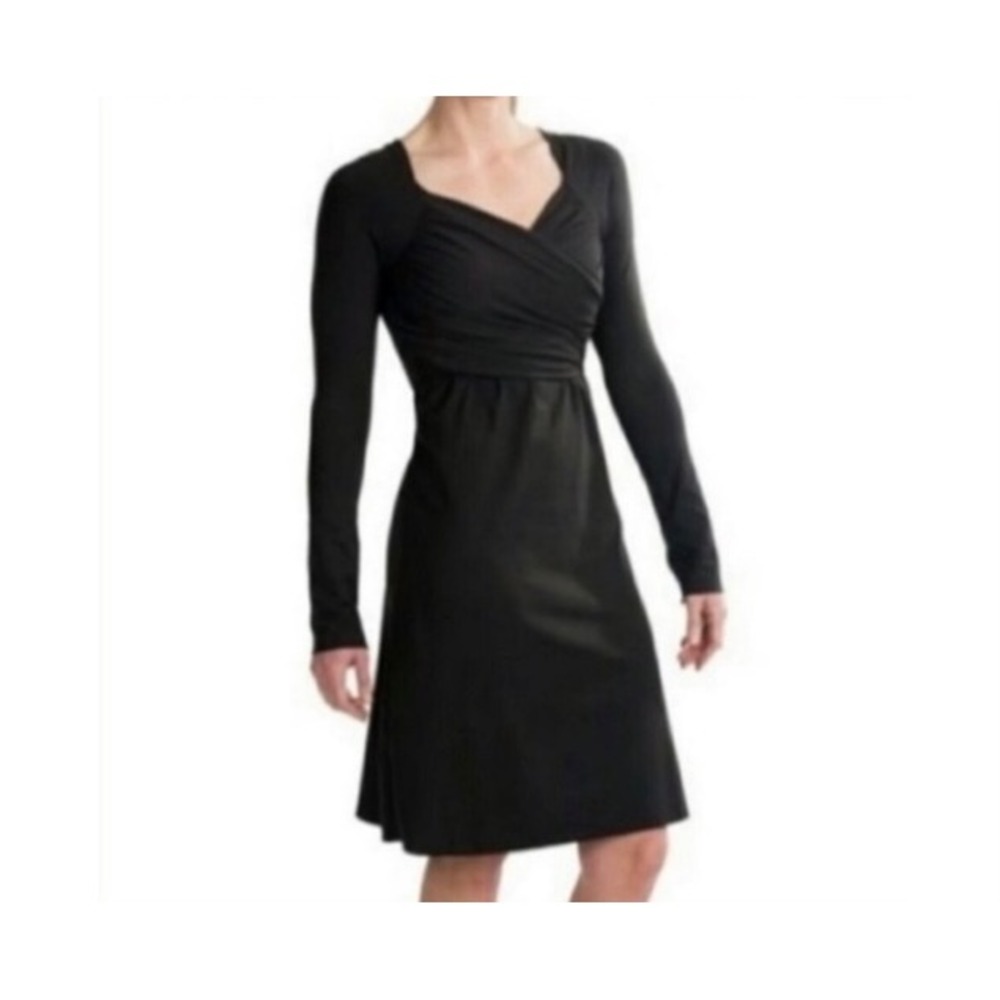 Prana Black Long Sleeve‎ Faux Wrap Ruched Midi Dress Size Medium Gorpcore Sports